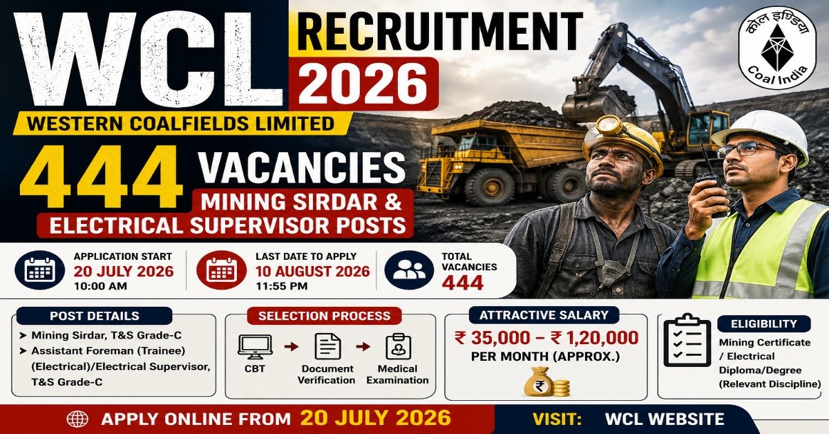 WCL Recruitment 2026 notification for 444 Mining Sirdar and Electrical Supervisor posts with application dates, CBT selection process and salary details.