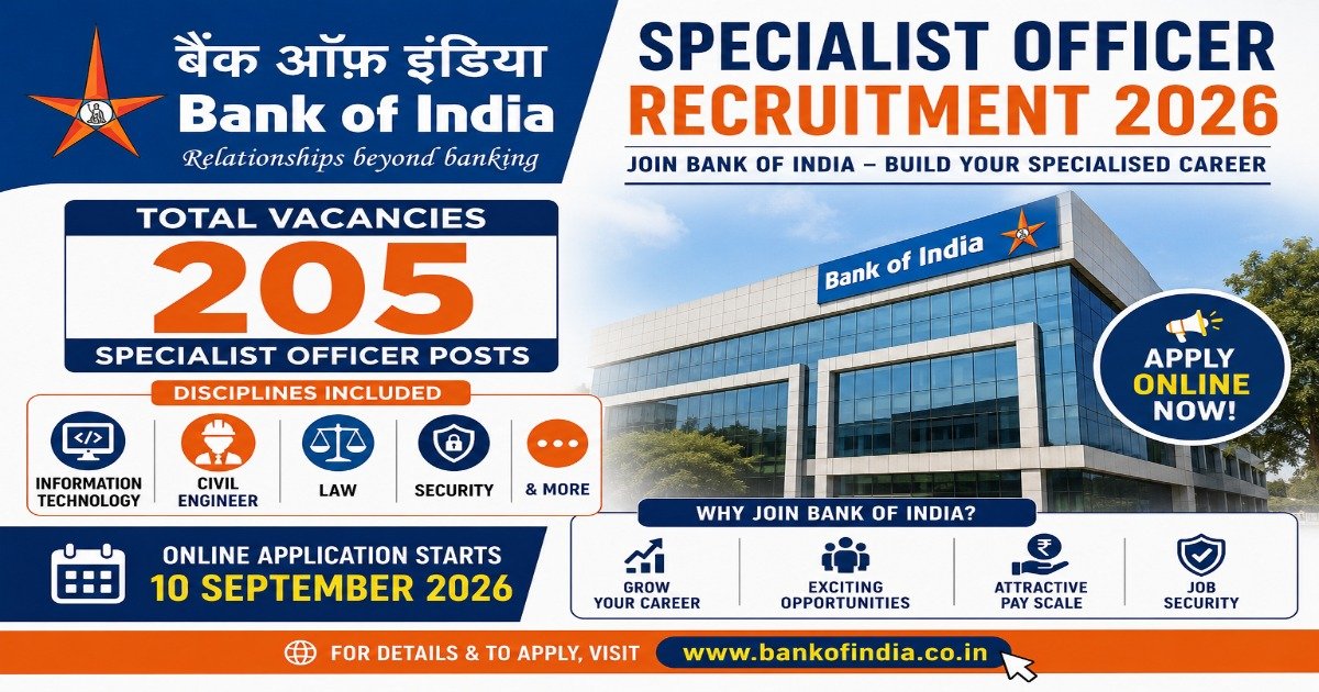 Bank of India Specialist Officer Recruitment 2026 for 205 IT, Civil Engineer, Law, Security and other Specialist Officer posts.