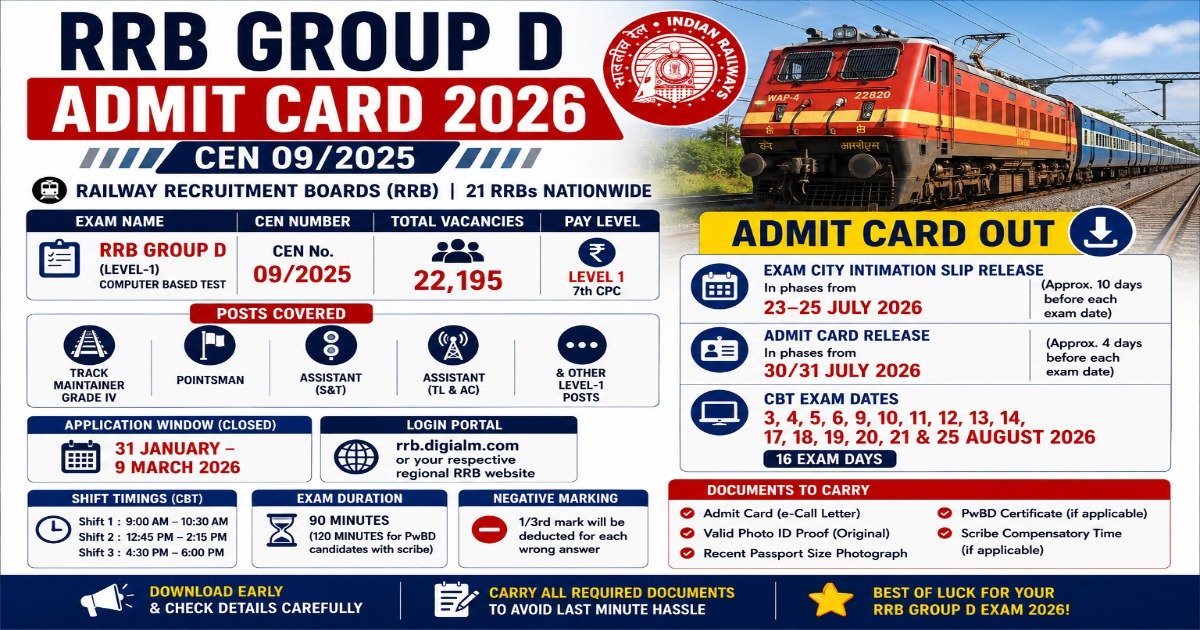 RRB Group D Admit Card 2026 for CEN 09/2025 released. Download e-Call Letter, check CBT exam dates from 3 to 25 August 2026, shift timings and required documents.