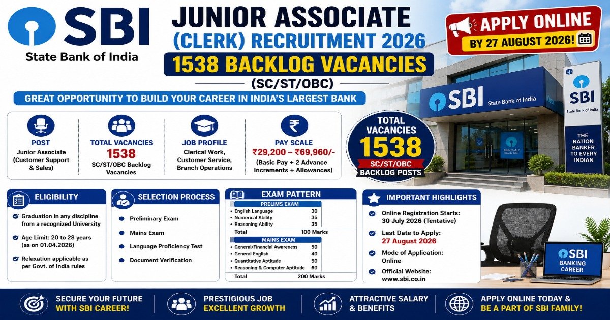 SBI Clerk Recruitment 2026: 1538 Junior Associate Vacancies, Apply Online