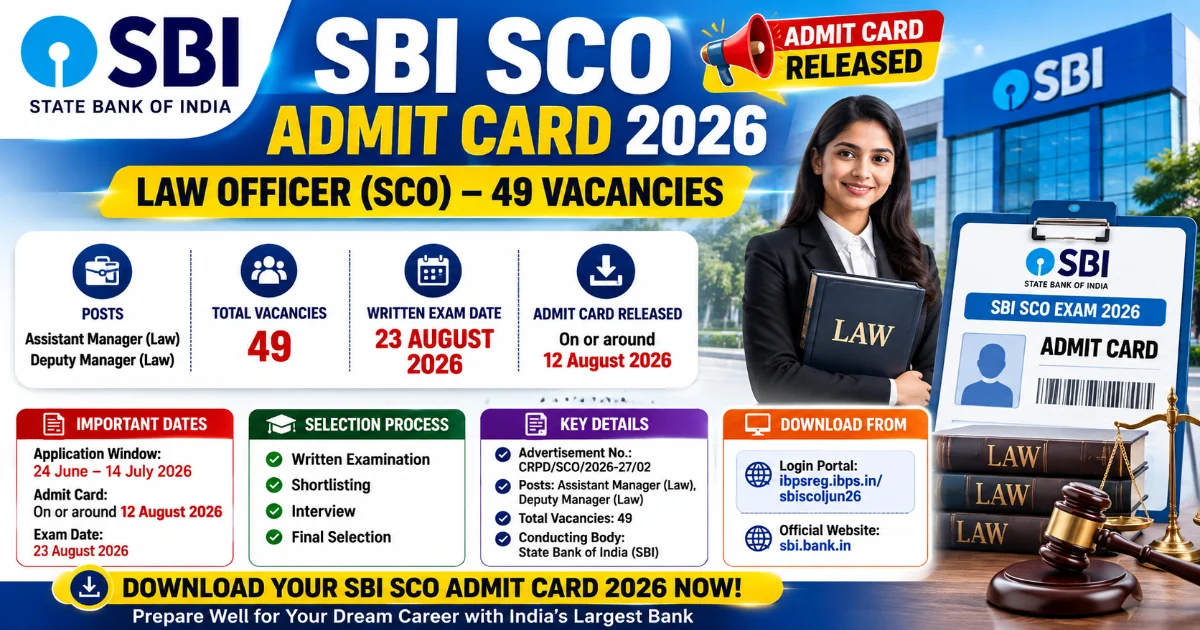 SBI SCO Admit Card 2026 released for 49 Assistant Manager Law and Deputy Manager Law posts with written exam on 23 August 2026.