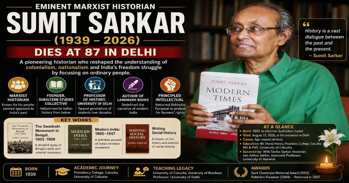 Historian Sumit Sarkar dies at 87 in Delhi on August 13, 2026