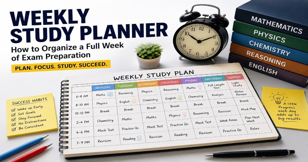 Weekly study planner template for organizing exam preparation across seven days