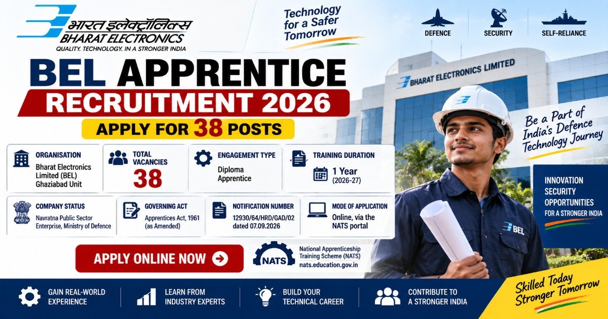 BEL Apprentice Recruitment 2026 notification for 38 Diploma Apprentice posts at Bharat Electronics Limited Ghaziabad.