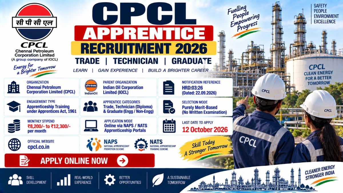 CPCL Apprentice Recruitment 2026 Apply Online for Trade Technician and Graduate Posts at cpcl co in