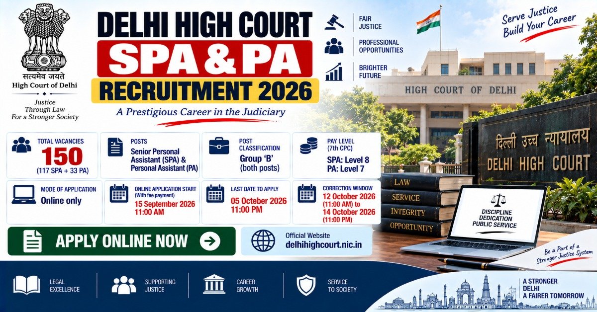 Delhi High Court SPA and PA Recruitment 2026 notification for 150 Senior Personal Assistant and Personal Assistant posts.