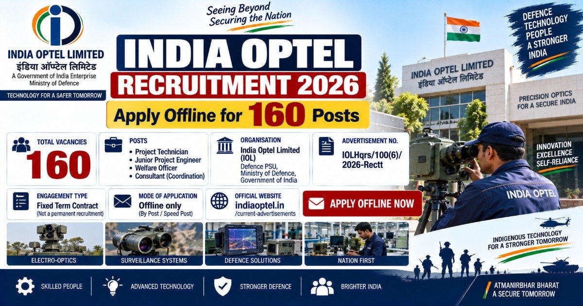 India Optel Recruitment 2026 notification for 160 Project Technician, Junior Project Engineer, Welfare Officer and Consultant posts.