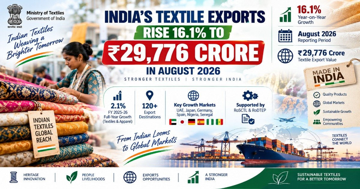 India’s textile exports rise 16.1% to ₹29,776 crore in August 2026