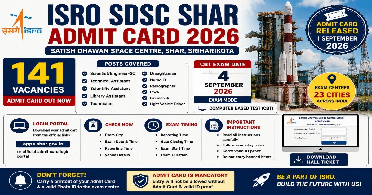 ISRO SDSC SHAR Admit Card 2026 released for 141 posts with CBT exam date, exam city, timing and download details.