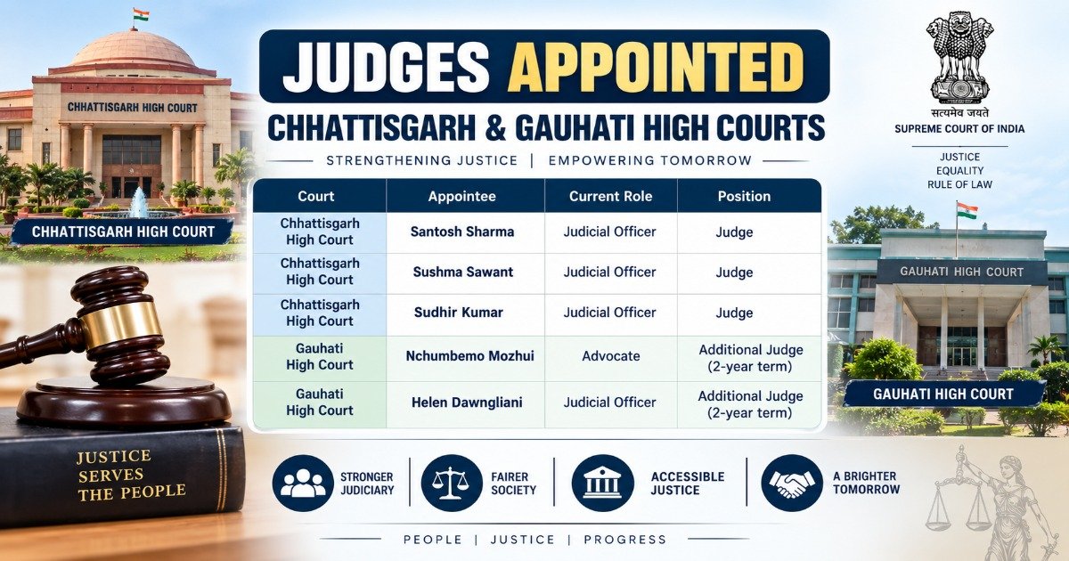 Judges appointed to Chhattisgarh and Gauhati High Courts including Santosh Sharma, Sushma Sawant, Sudhir Kumar, Nchumbemo Mozhui and Helen Dawngliani