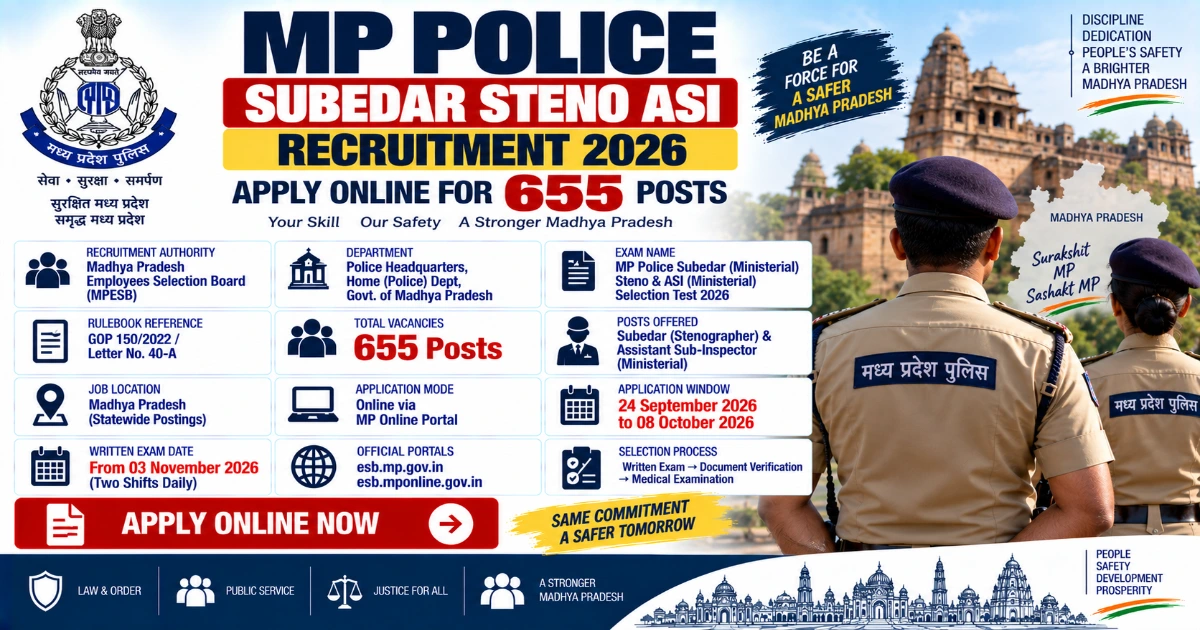 MP Police Subedar Steno ASI Recruitment 2026 notification for 655 posts.