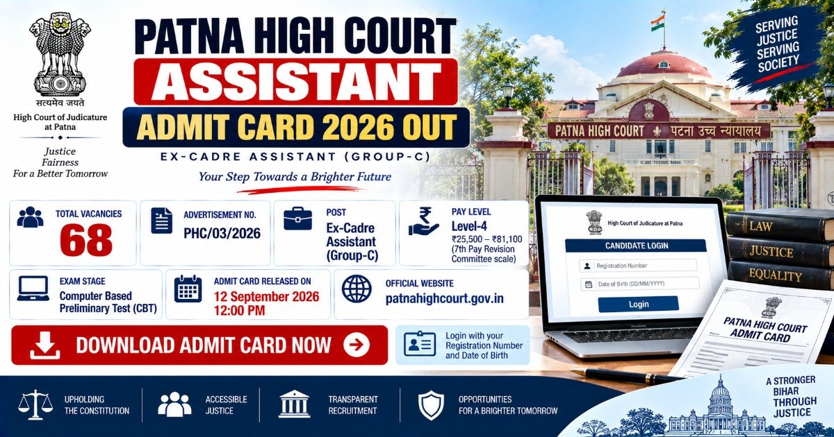 Patna High Court Assistant Admit Card 2026 released for 68 Ex-Cadre Assistant posts, download hall ticket for CBT.