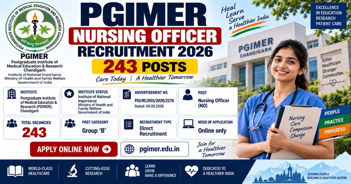 PGIMER Nursing Officer Recruitment 2026 notification for 243 Group B Nursing Officer posts at Chandigarh.