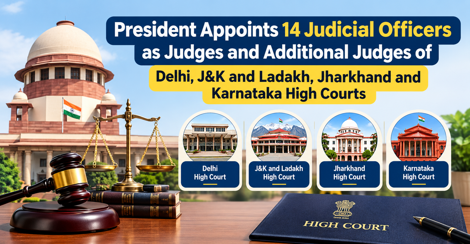President appoints 14 judicial officers as judges and additional judges of Delhi, J&K and Ladakh, Jharkhand and Karnataka High Courts