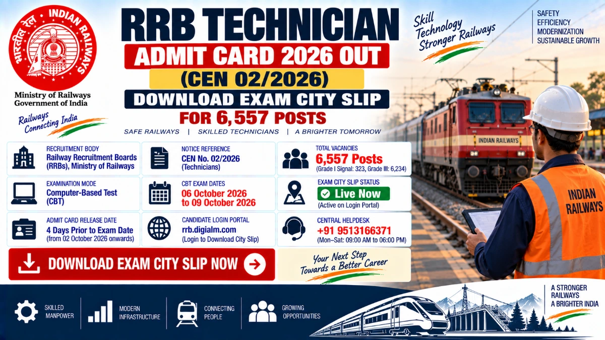 RRB Technician Admit Card 2026 CEN 02 2026 Exam City Slip Download for 6557 Posts at rrb digialm com