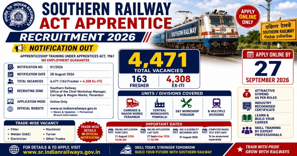Southern Railway Act Apprentice Recruitment 2026 notification for 4471 apprentice posts with fresher and ex-ITI vacancies, eligibility and application date.