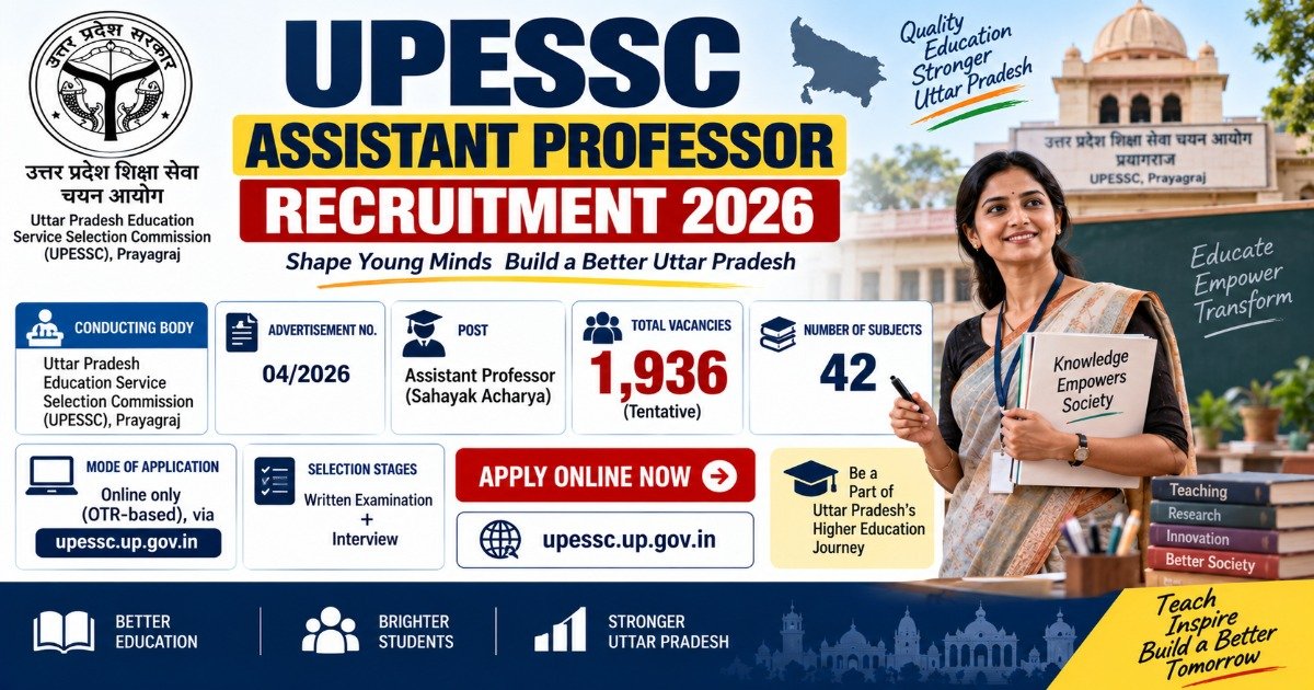 UPESSC Assistant Professor Recruitment 2026 notification for 1936 Assistant Professor posts across 42 subjects.