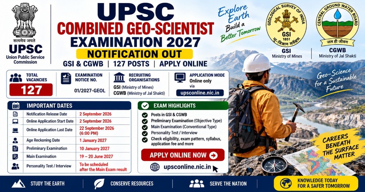 UPSC Combined Geo-Scientist Examination 2027 notification for 127 GSI and CGWB posts with exam dates and application details.