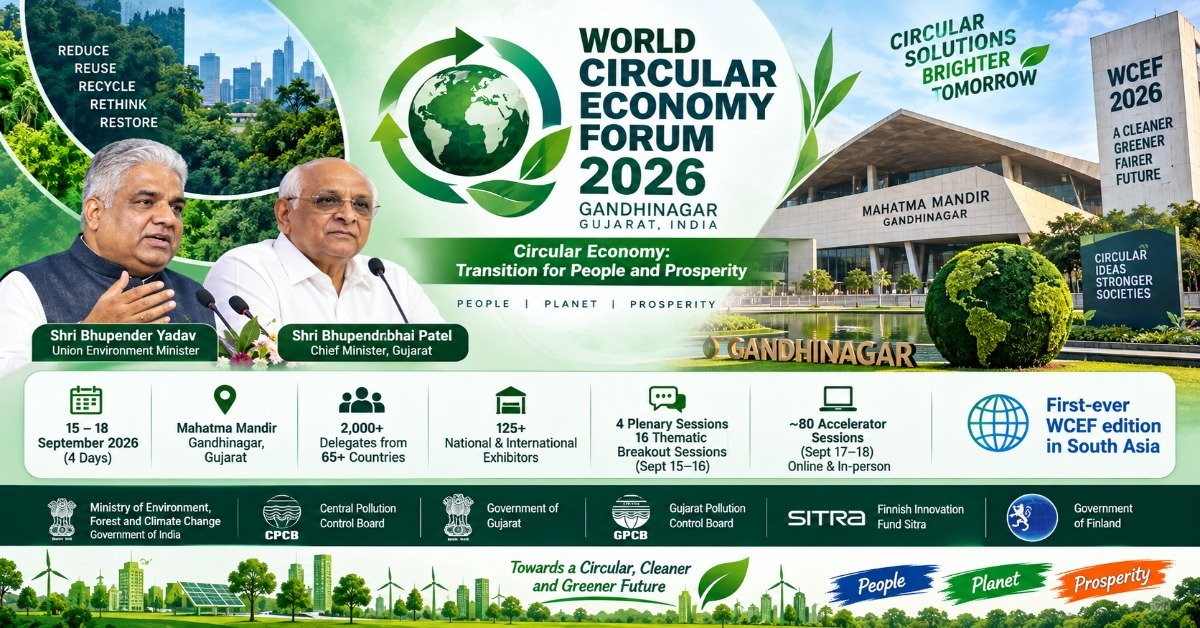 Union Environment Minister Bhupender Yadav and Gujarat Chief Minister Bhupendrabhai Patel inaugurate World Circular Economy Forum 2026 in Gandhinagar