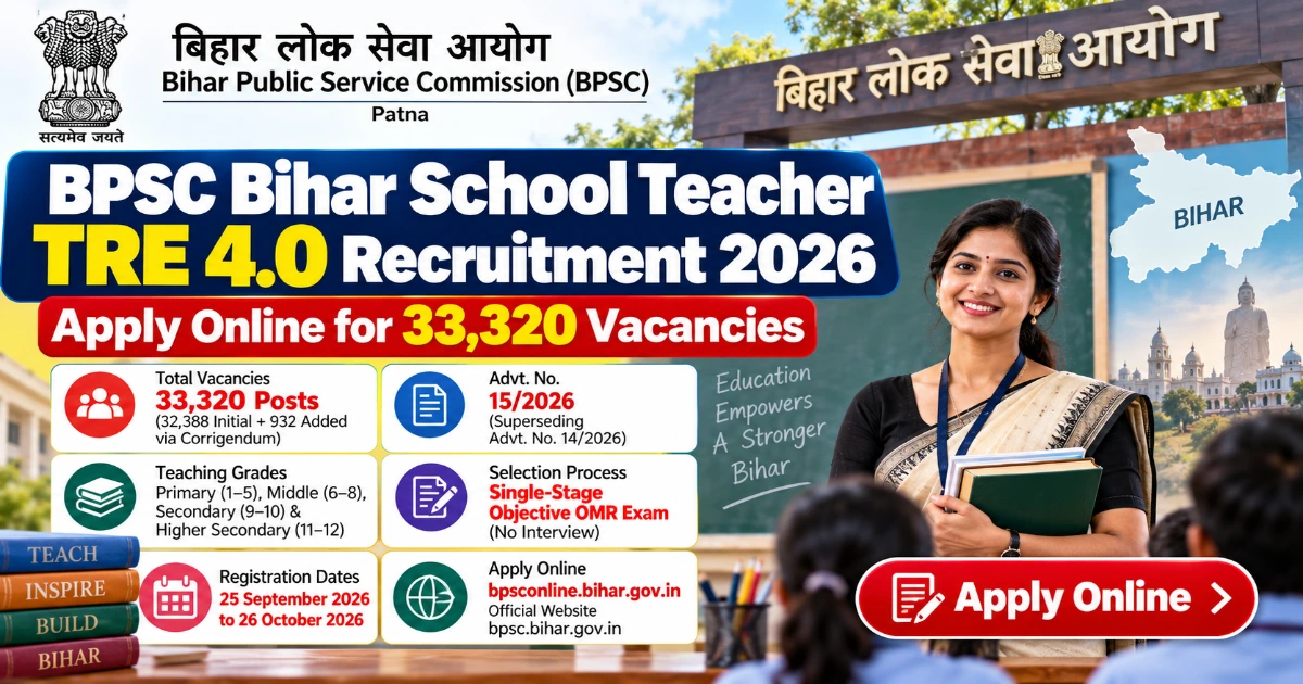 BPSC Bihar School Teacher TRE 4.0 Recruitment 2026 notification for 33,320 teacher vacancies with online application dates