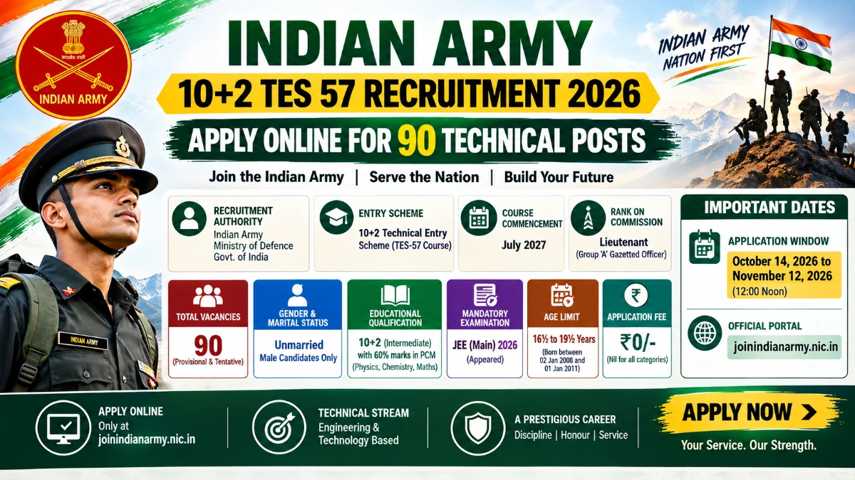 Indian Army 10+2 TES 57 Recruitment 2026 Apply Online for 90 Technical Entry Scheme Posts