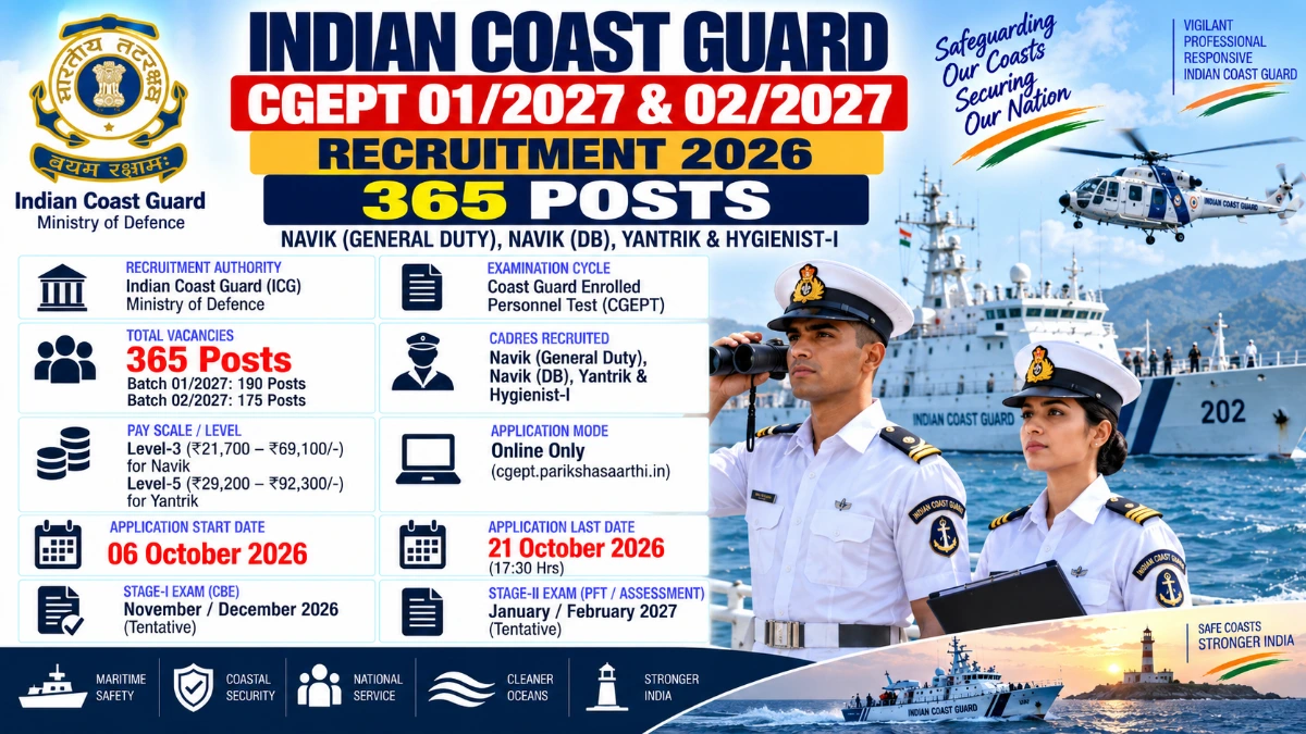 Indian Coast Guard CGEPT Recruitment 2026 Apply Online for 365 Navik GD Posts at cgept parikshasaarthi in