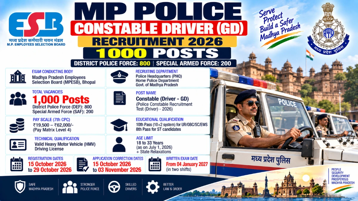 MP Police Constable Driver Recruitment 2026 Notification Apply Online for 1000 Posts