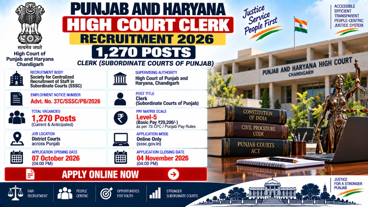 Punjab and Haryana High Court Clerk Recruitment 2026 Apply Online for 1270 Posts at sssc gov in