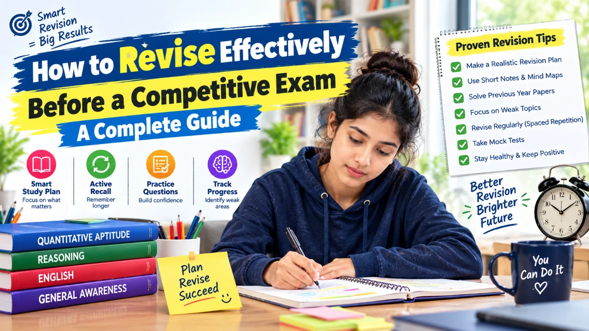 Focused student studying revision notes to revise effectively before a competitive exam