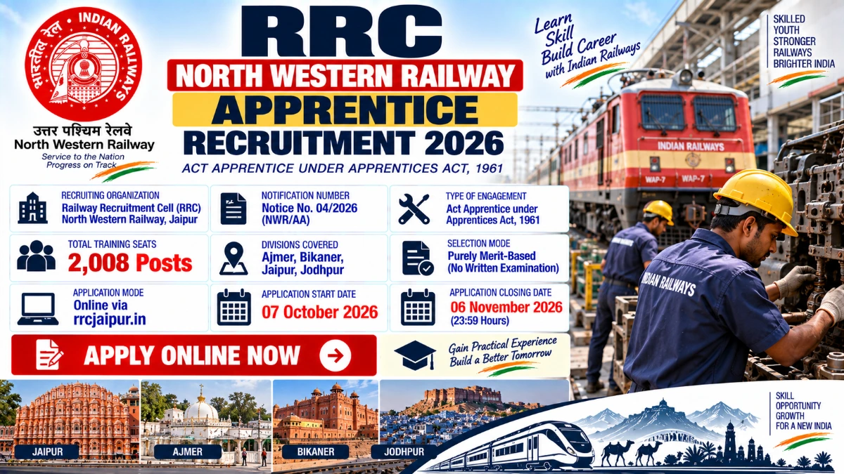 RRC North Western Railway Apprentice Recruitment 2026 Apply Online for 2008 Act Apprentice Posts at rrcjaipur in