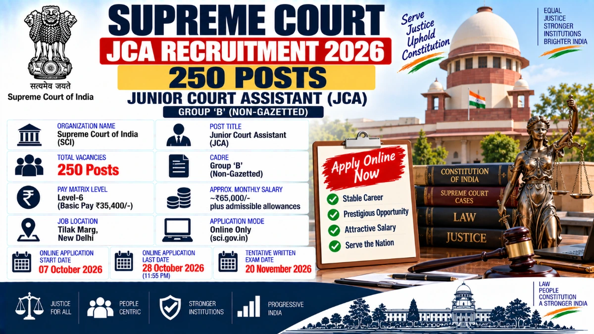 Supreme Court JCA Recruitment 2026 Apply Online for 250 Junior Court Assistant Posts at sci gov in