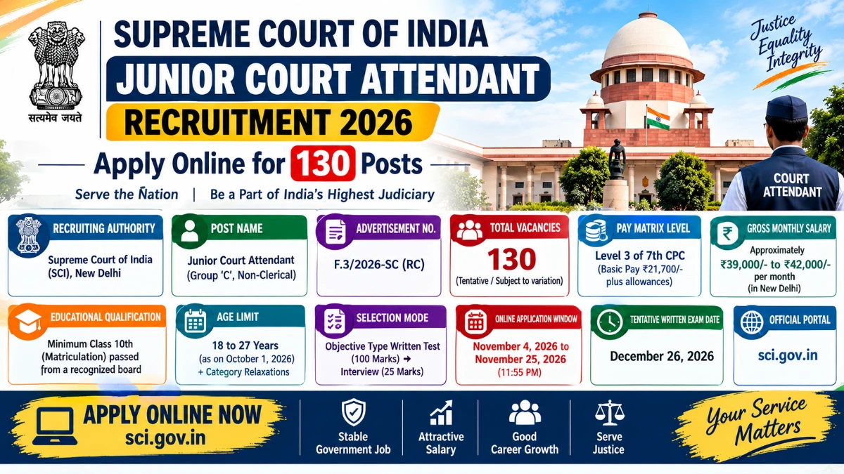 Supreme Court Junior Court Attendant Recruitment 2026 Apply Online for 130 Posts on sci.gov.in